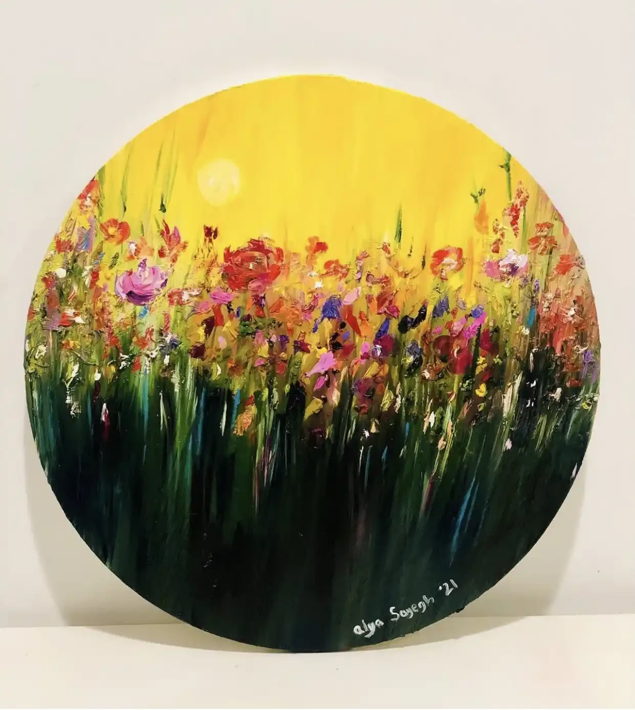 Featured image of Sunlit Garden — Original Oil Painting on Round Canvas