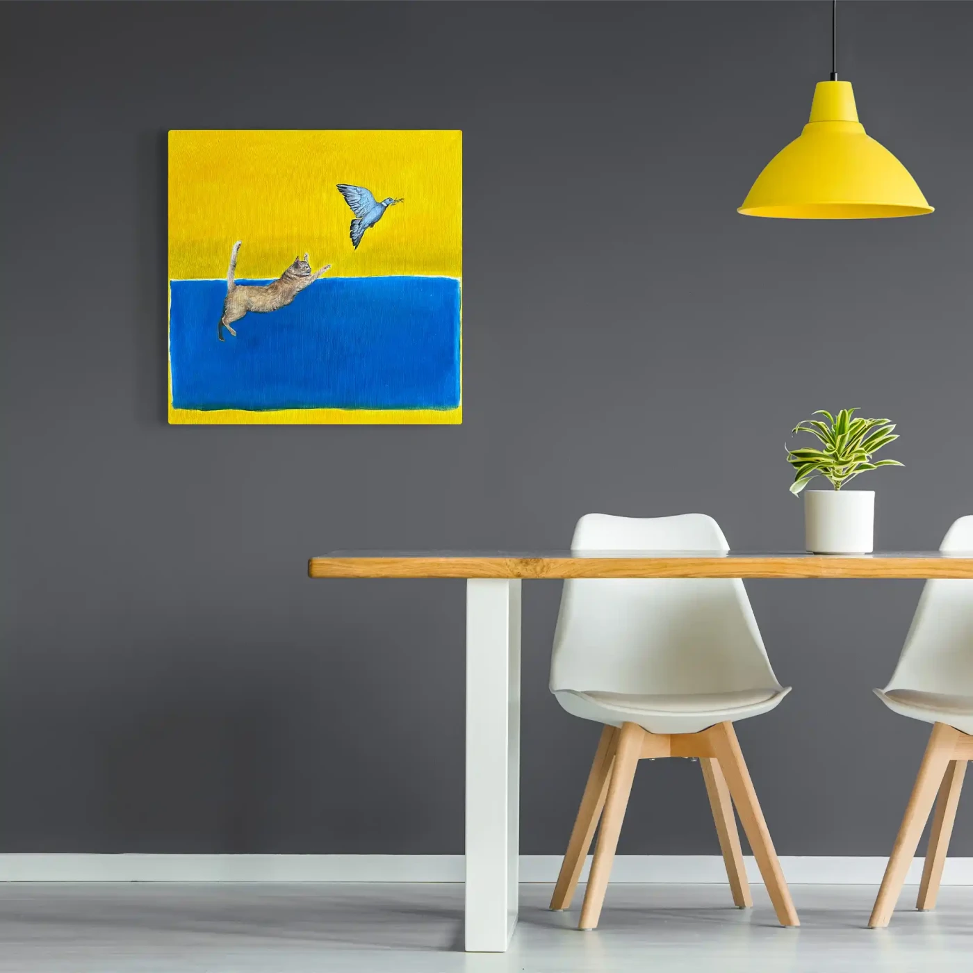 Cat & Bird Oil Painting – Minimalist Motion Art on Linen Canvas - Artwork