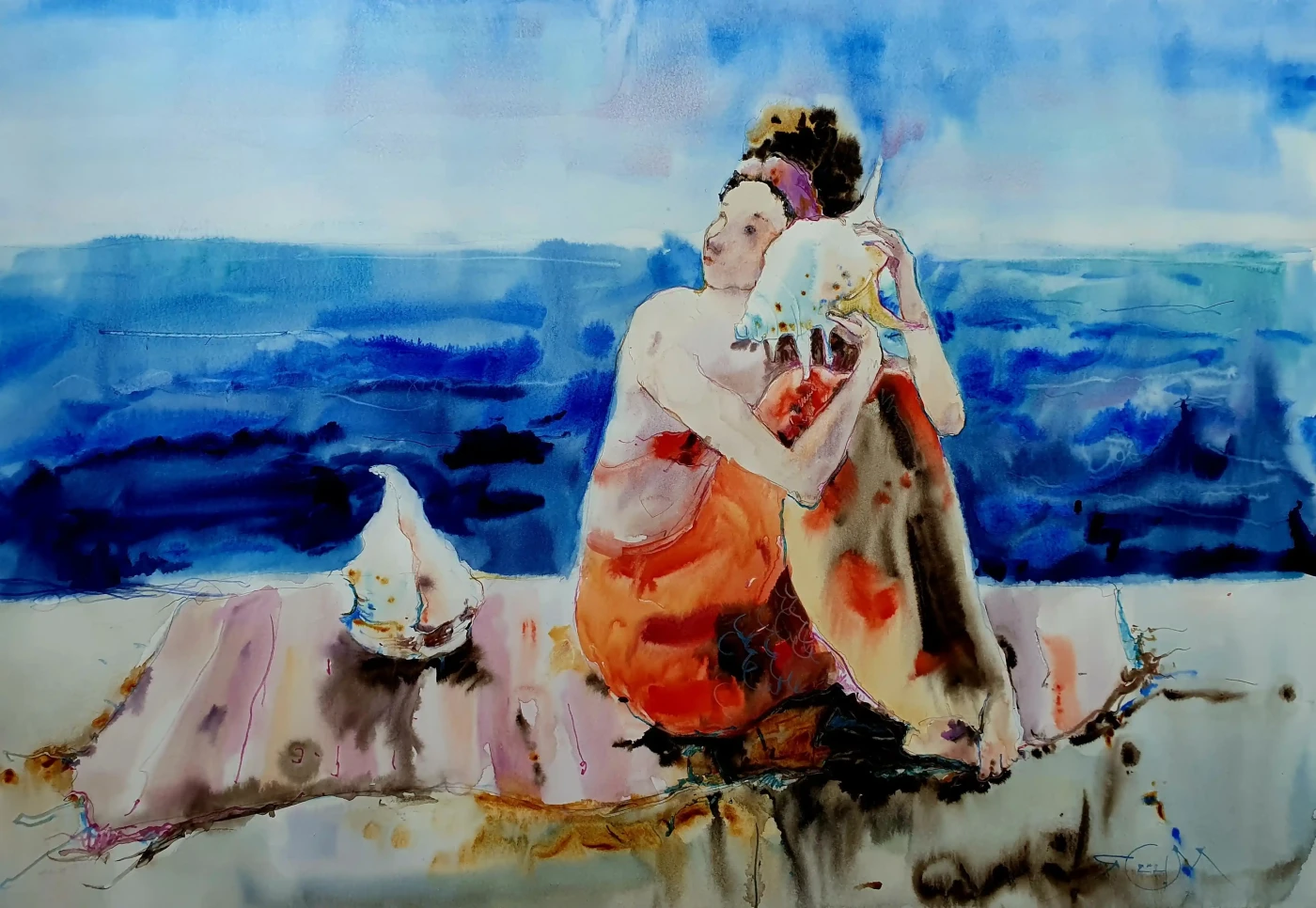 Featured image of Mermaid with Seashell Mixed Media Painting I - Artwork