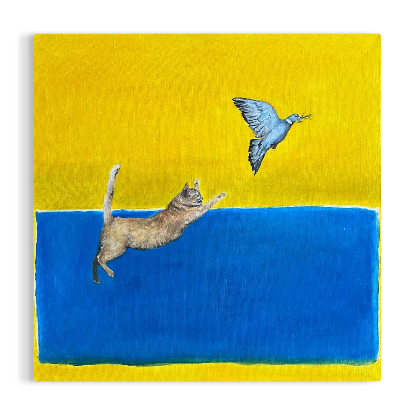 Featured image of Cat & Bird Oil Painting – Minimalist Motion Art on Linen Canvas - Artwork