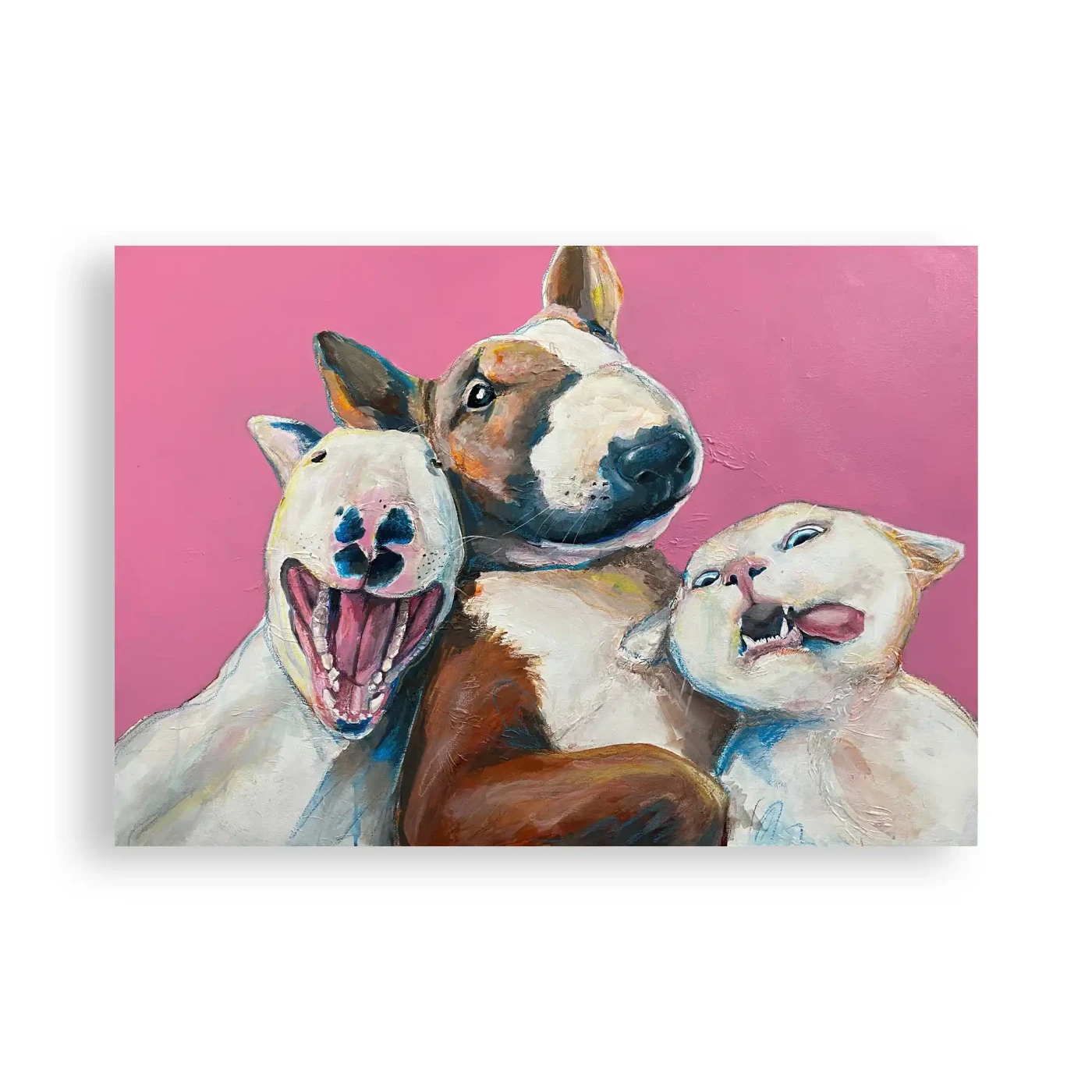 Whimsical Friends Forever: Pink Paws and Whiskers – A Fun Dog and Cat Portrait on Canvas