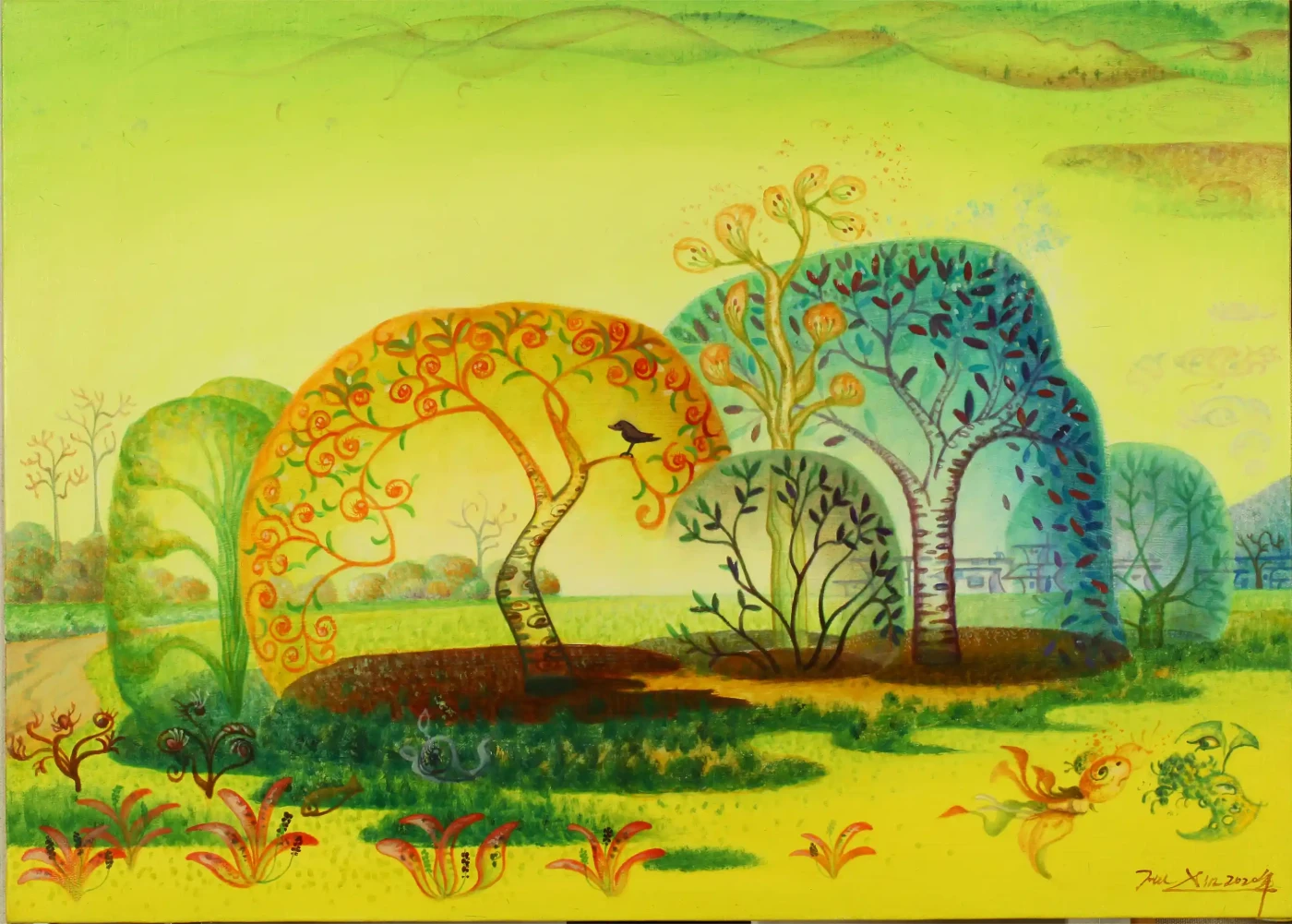 Featured image of Verdant Meadows – Oil Painting | Surrealism-Inspired Landscape Art