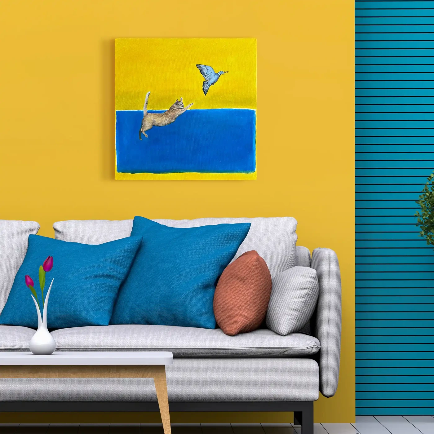 Cat & Bird Oil Painting – Minimalist Motion Art on Linen Canvas - Artwork