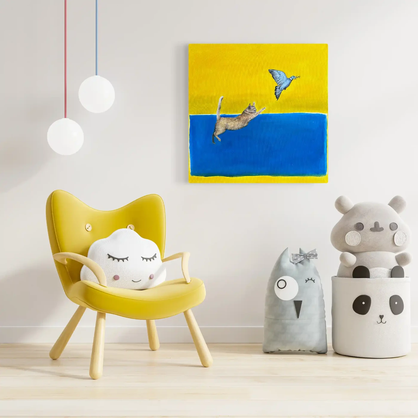 Cat & Bird Oil Painting – Minimalist Motion Art on Linen Canvas - Artwork