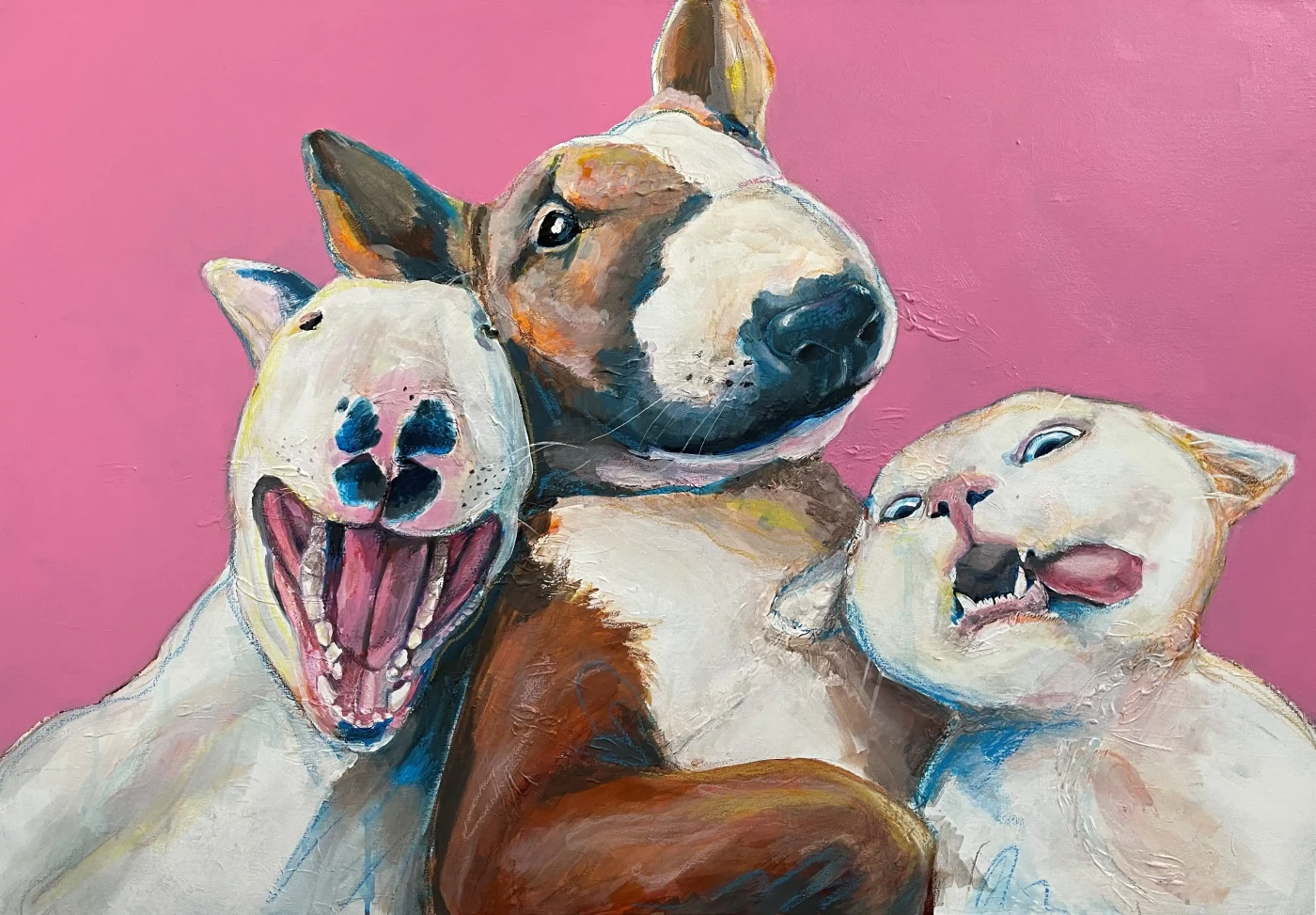 Whimsical Friends Forever: Pink Paws and Whiskers – A Fun Dog and Cat Portrait on Canvas