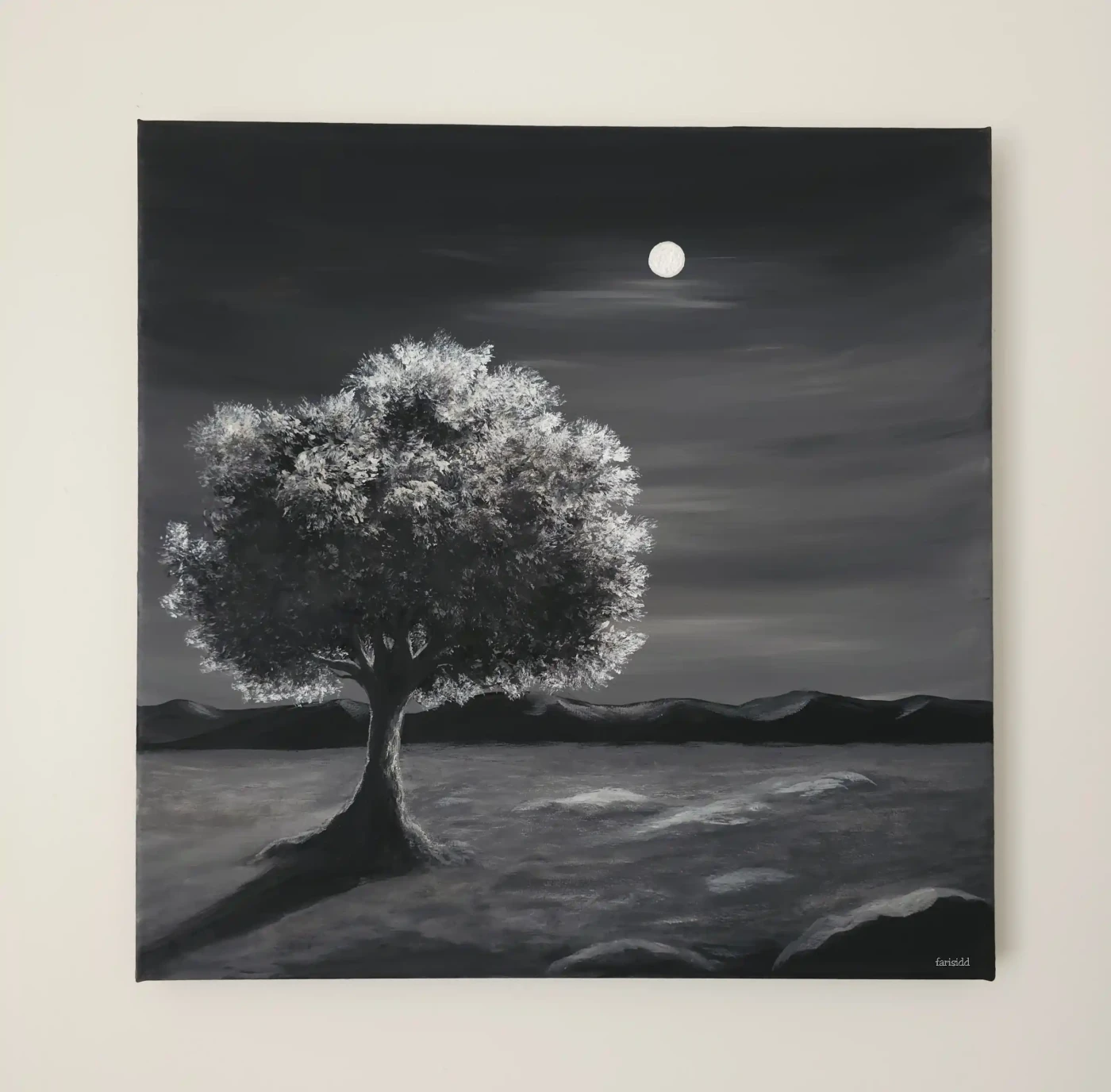 Monochrome: Moon and Tree – Acrylic on Canvas Painting