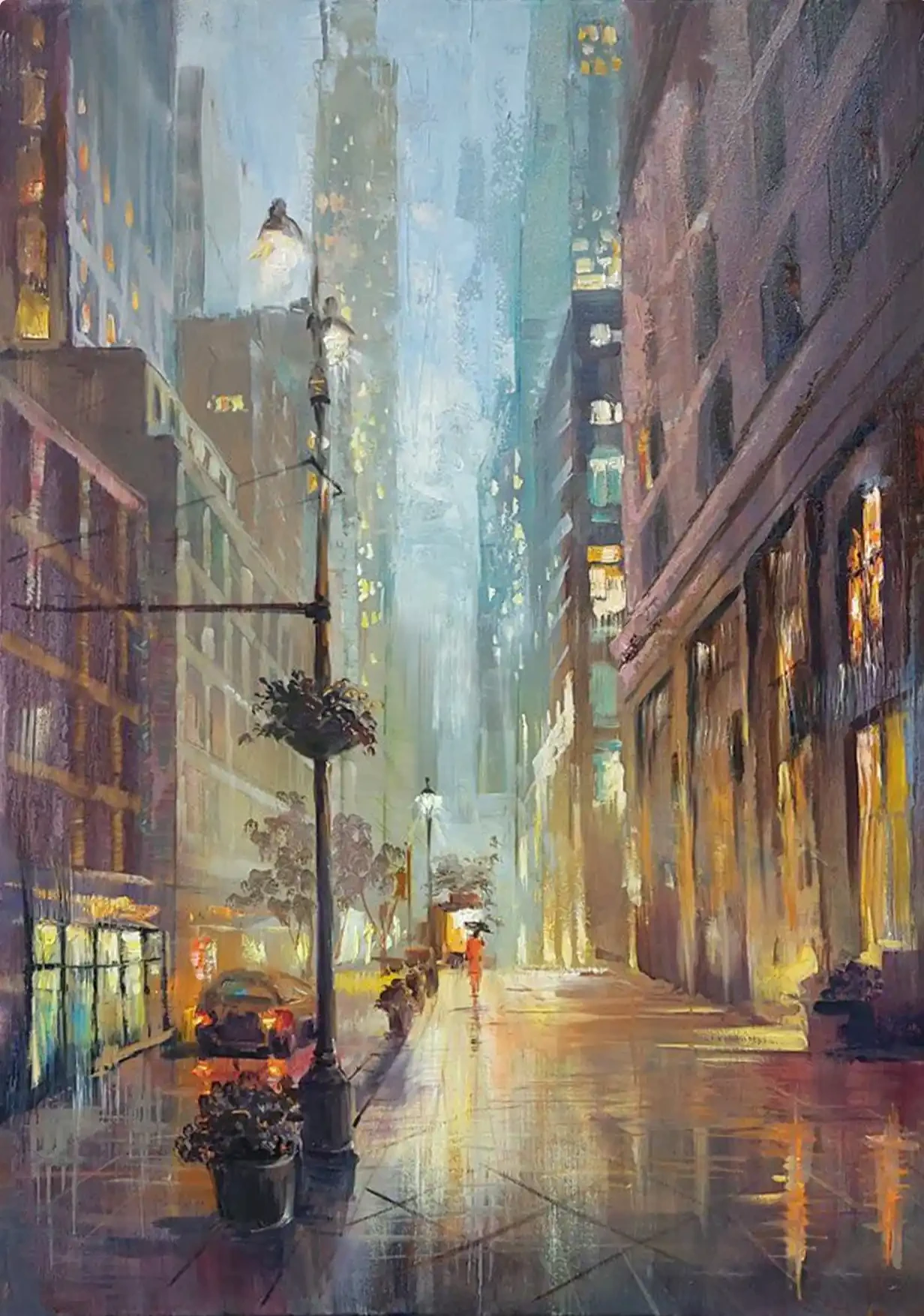 Featured image of New York in the Rain – Manhattan Cityscape with Golden Reflections - Artwork