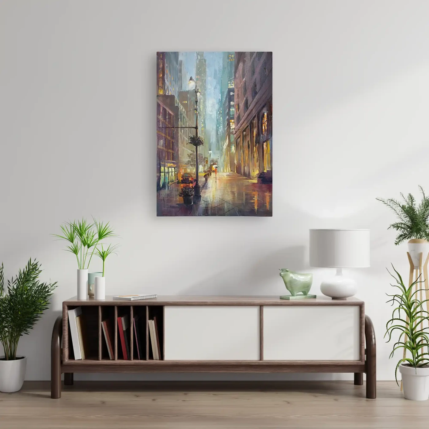 New York in the Rain – Manhattan Cityscape with Golden Reflections - Artwork