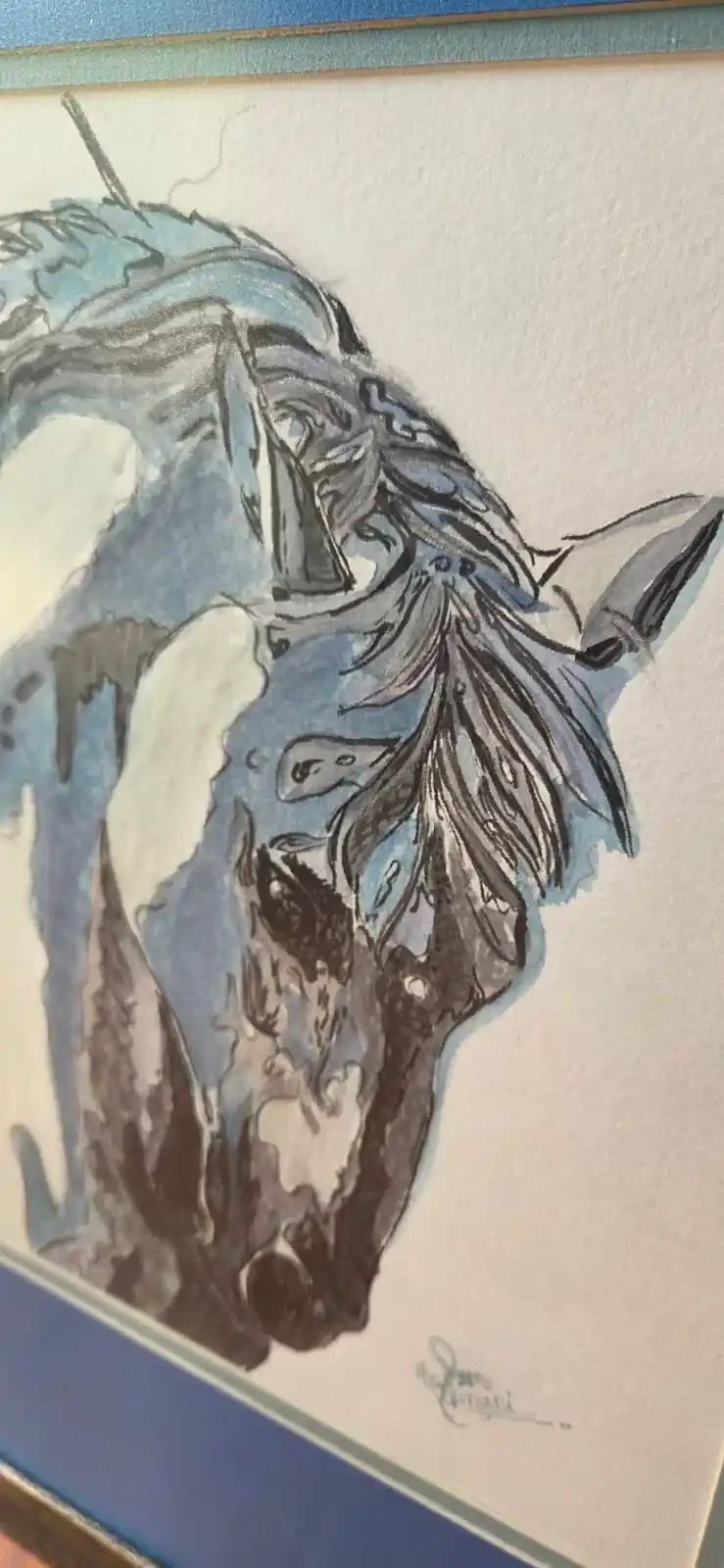 Blue Whisper – Watercolor Horse Painting with Silver Accents